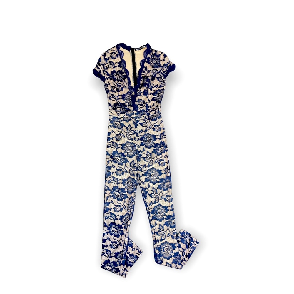 Navy blue Lace-lined V-neck Jumpsuit